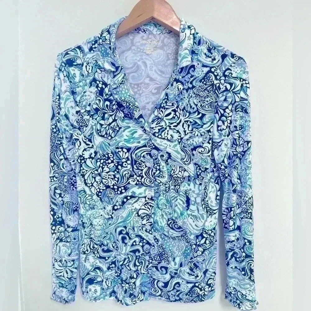 Lilly Pulitzer Royal Purple Animals Ruffle PJ Button Down Pajama Top